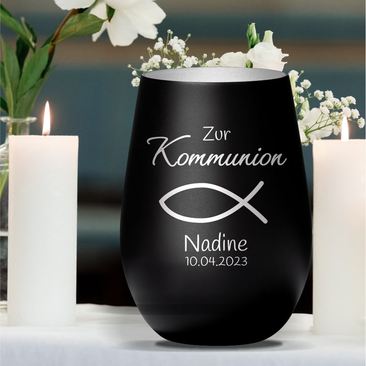 Windlicht Kommunion Motiv Fisch personalisiert
