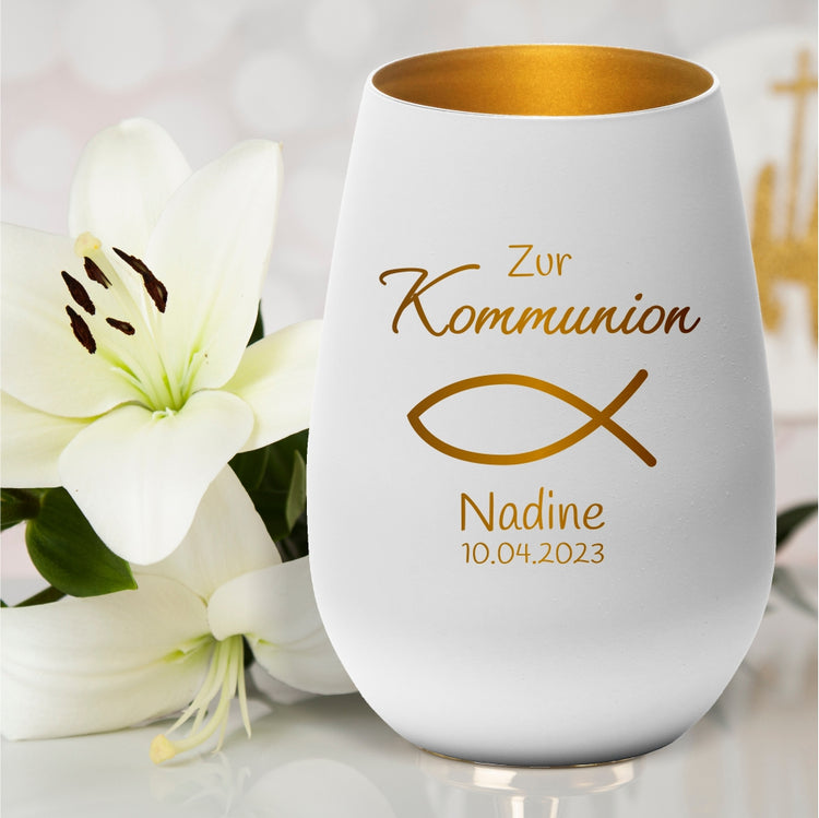 Windlicht Kommunion Motiv Fisch personalisiert