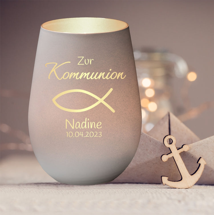 Windlicht Kommunion Motiv Fisch personalisiert
