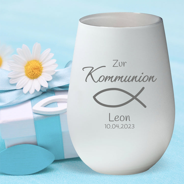 Windlicht Kommunion Motiv Fisch personalisiert