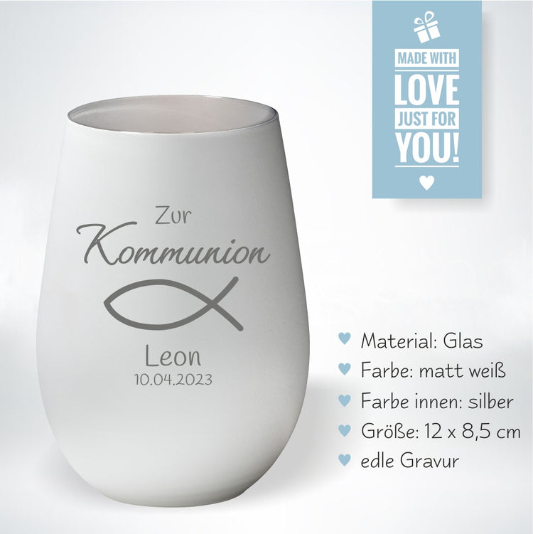 Windlicht Kommunion Motiv Fisch personalisiert