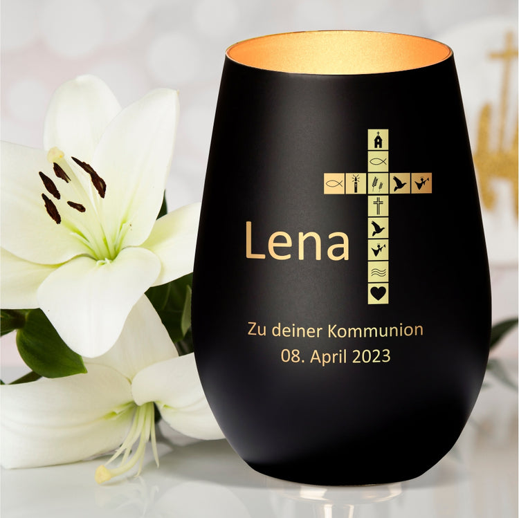 Windlicht Kommunion Motiv Kreuz personalisiert