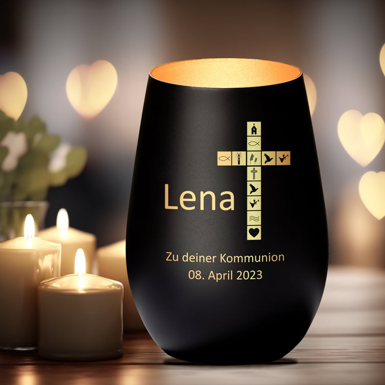 Windlicht Kommunion Motiv Kreuz personalisiert