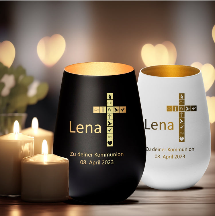 Windlicht Kommunion Motiv Kreuz personalisiert