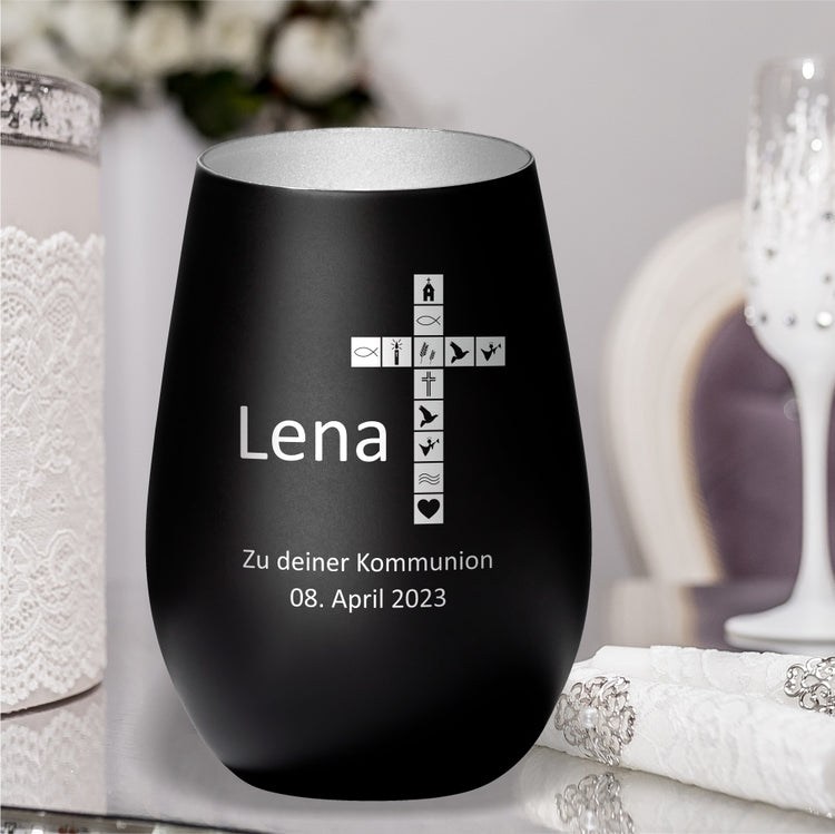 Windlicht Kommunion Motiv Kreuz personalisiert