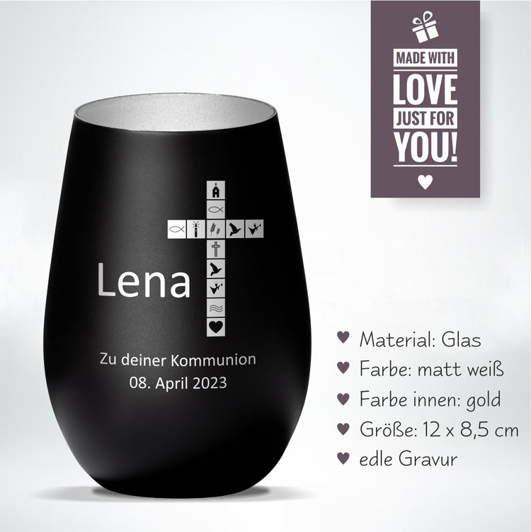 Windlicht Kommunion Motiv Kreuz personalisiert