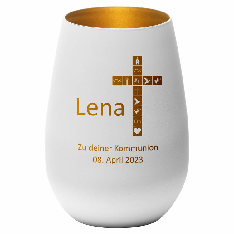 Windlicht Kommunion Motiv Kreuz personalisiert