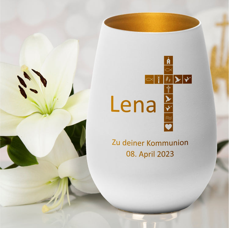 Windlicht Kommunion Motiv Kreuz personalisiert