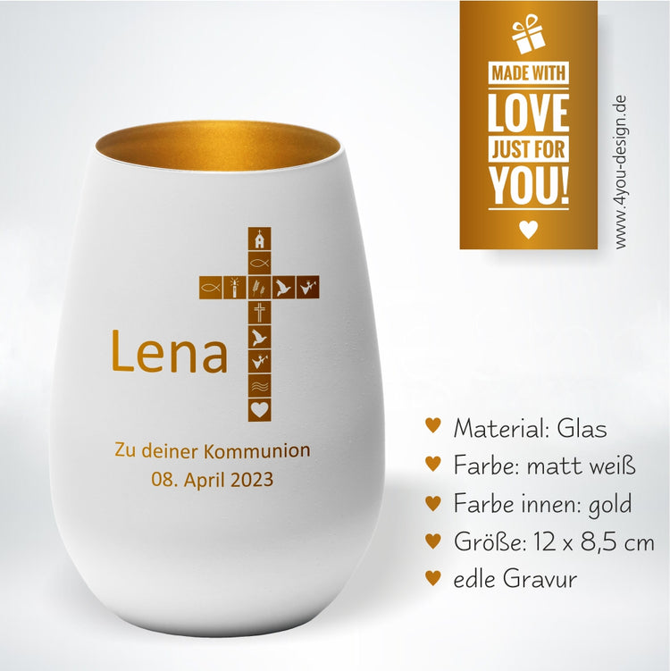 Windlicht Kommunion Motiv Kreuz personalisiert