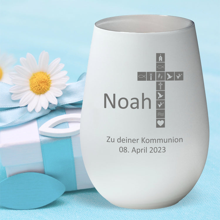Windlicht Kommunion Motiv Kreuz personalisiert