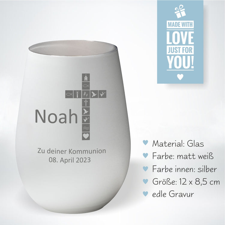Windlicht Kommunion Motiv Kreuz personalisiert
