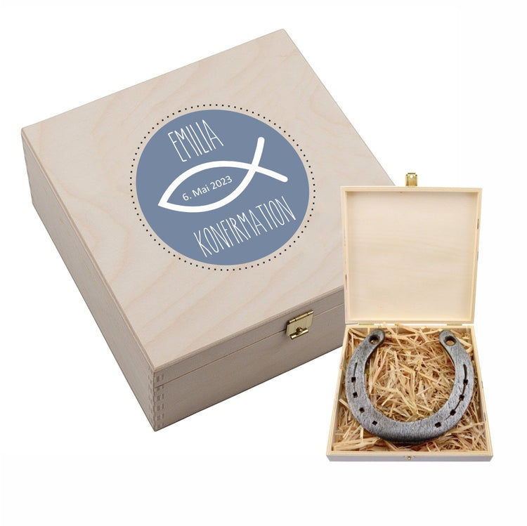 Personalisierte Hufeisen-Box Meine Konfirmation / Firmung / Kommunion (Fisch)