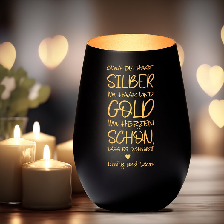 Windlicht Oma du hast Silber im Haar und Gold im Herzen personalisiert
