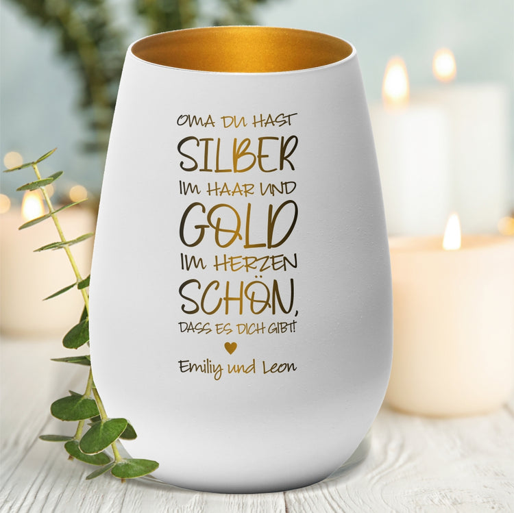 Windlicht Oma du hast Silber im Haar und Gold im Herzen personalisiert
