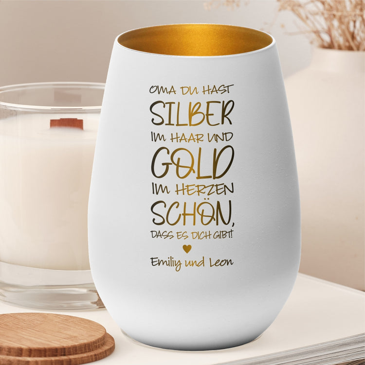 Windlicht Oma du hast Silber im Haar und Gold im Herzen personalisiert