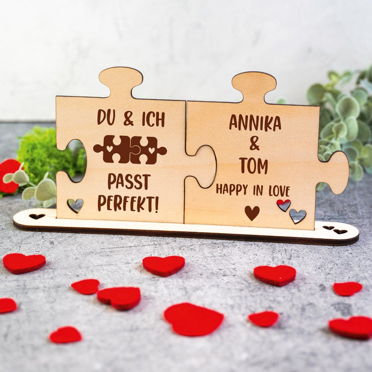 Holz - Puzzleteile Du und Ich - passt perfekt - personalisiert