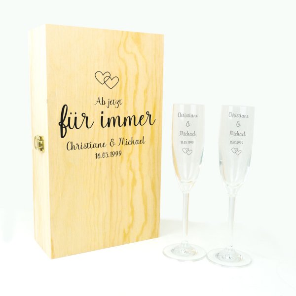 Sektglas-Hochzeitskiste für immer mit 2 gravierten Sektgläsern
