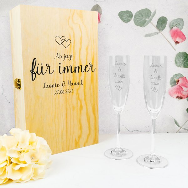 Sektglas-Hochzeitskiste für immer mit 2 gravierten Sektgläsern