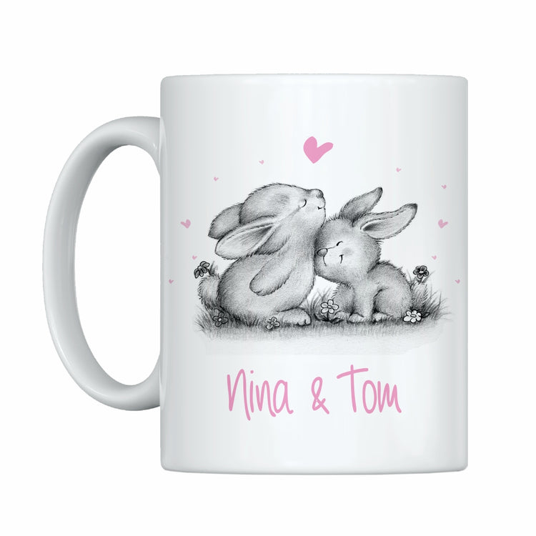 Weiße Tasse verliebte Hasen mit Personalisierung