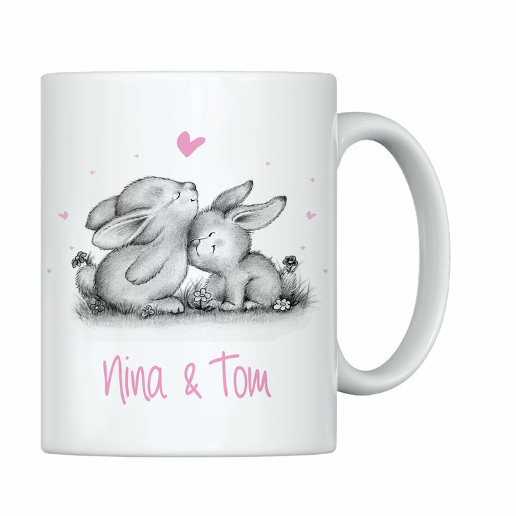 Weiße Tasse verliebte Hasen mit Personalisierung