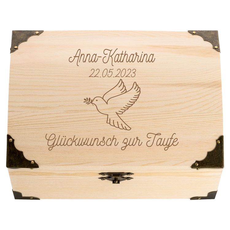 Personalisierbare Schatztruhe Glückwunsch zur Taufe Motiv Taube