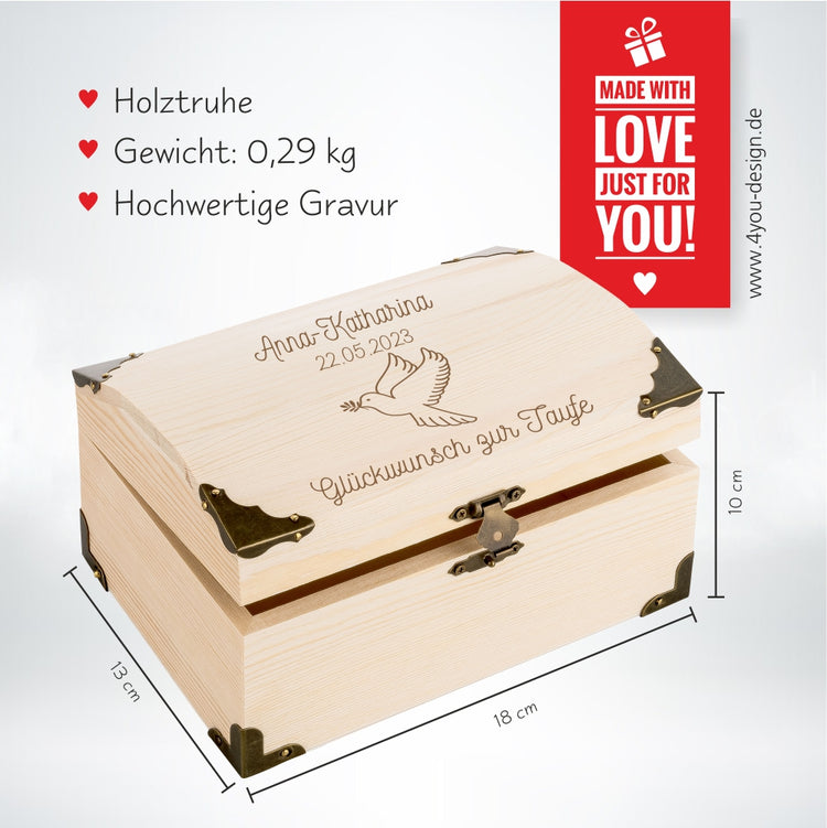 Personalisierbare Schatztruhe Glückwunsch zur Taufe Motiv Taube
