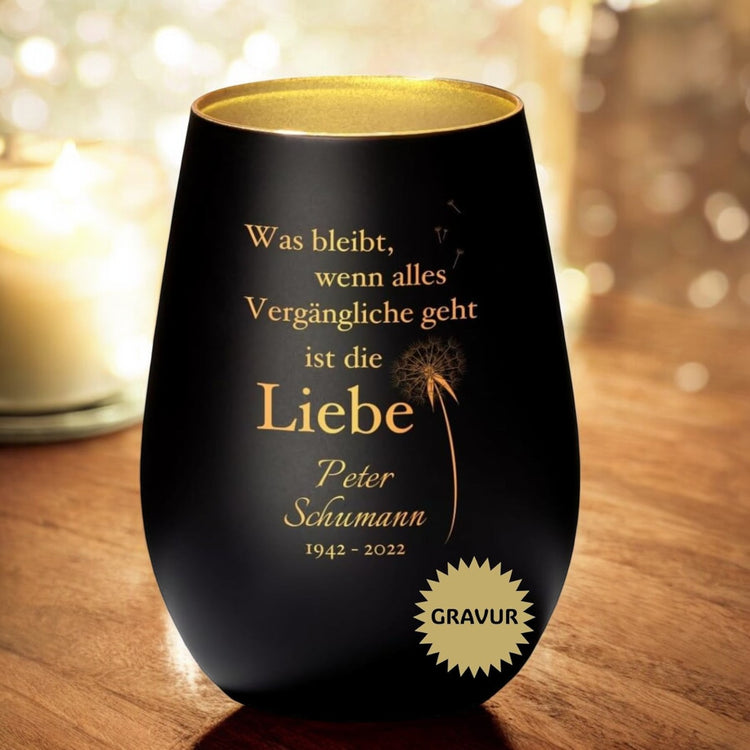 Trauer Windlicht - Pusteblume Was bleibt ist die Liebe mit Personalisierung