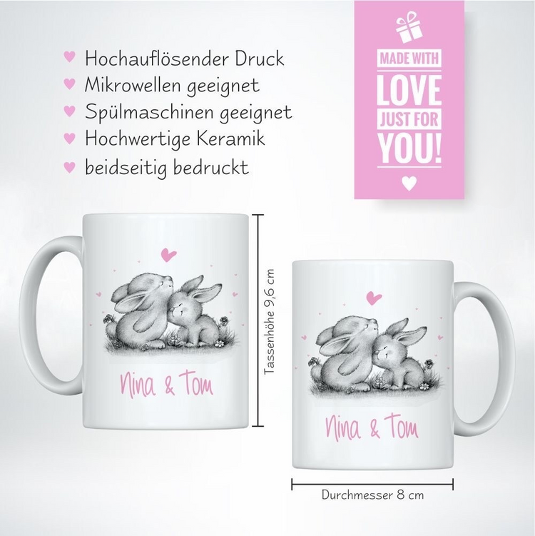 Weiße Tasse verliebte Hasen mit Personalisierung