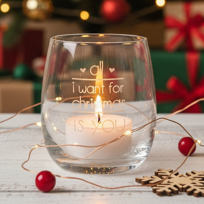 Windlicht Gravur 'All I Want for Christmas is You' (Motiv: zwei Herzen)