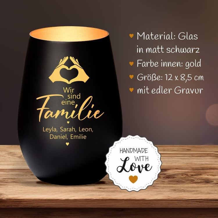 Windlicht Wir sind eine FAMILIE Motiv Hände personalisiert
