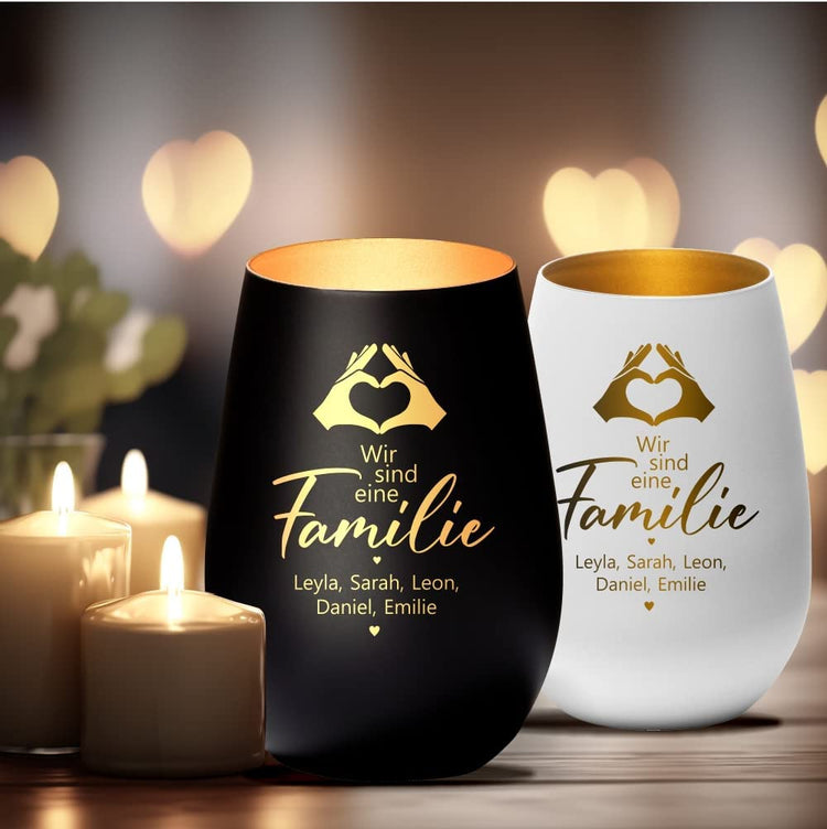 Windlicht Wir sind eine FAMILIE Motiv Hände personalisiert