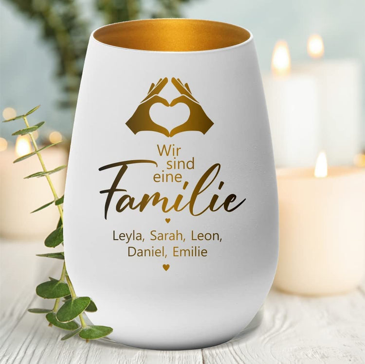 Windlicht Wir sind eine FAMILIE Motiv Hände personalisiert