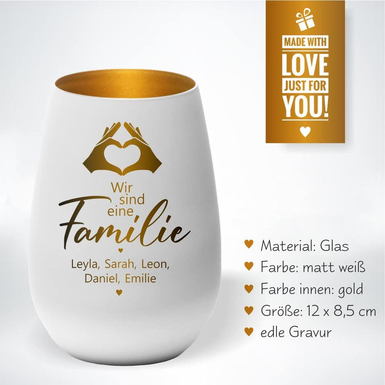 Windlicht Wir sind eine FAMILIE Motiv Hände personalisiert